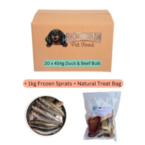 20 x 454g Duck & Beef bulk + 1kg Frozen Sprats + Natural Treat bag